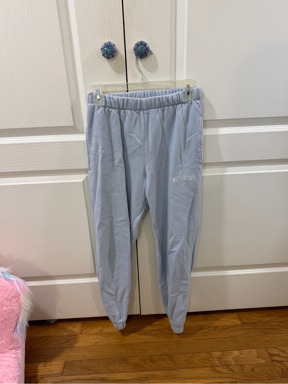 Brandy Melville Light Blue Sweatpants with 'Switzerland' Embroidery
